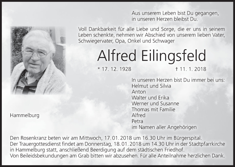  Traueranzeige für Alfred Eilingsfeld vom 16.01.2018 aus MGO