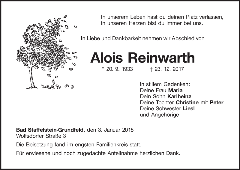  Traueranzeige für Alois Reinwarth vom 03.01.2018 aus MGO