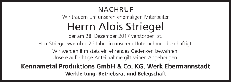  Traueranzeige für Alois Striegel vom 12.01.2018 aus MGO