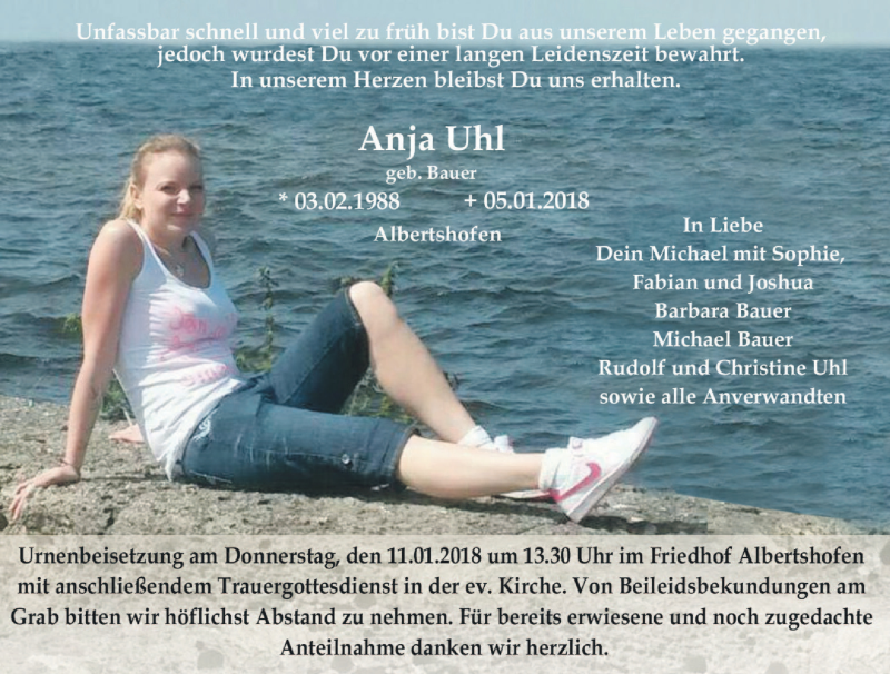  Traueranzeige für Anja Uhl vom 09.01.2018 aus MGO