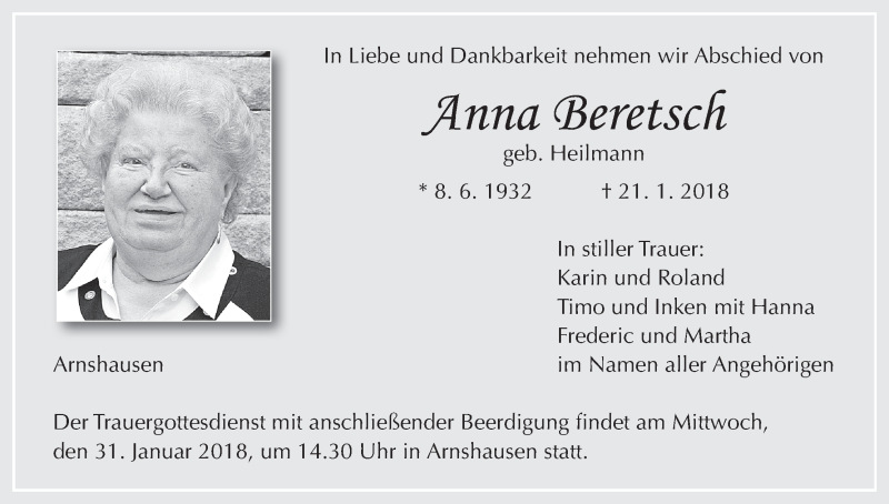  Traueranzeige für Anna Beretsch vom 30.01.2018 aus MGO