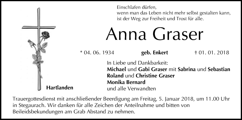  Traueranzeige für Anna Graser vom 03.01.2018 aus MGO