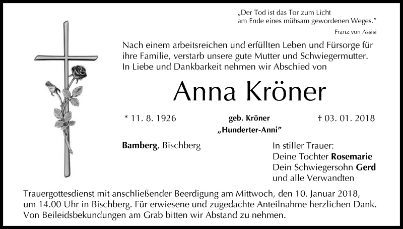 Traueranzeige für Anna Kröner vom 05.01.2018 aus MGO
