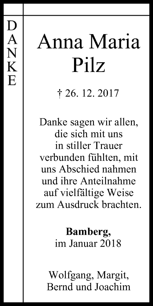  Traueranzeige für Anna Maria Pilz vom 13.01.2018 aus MGO