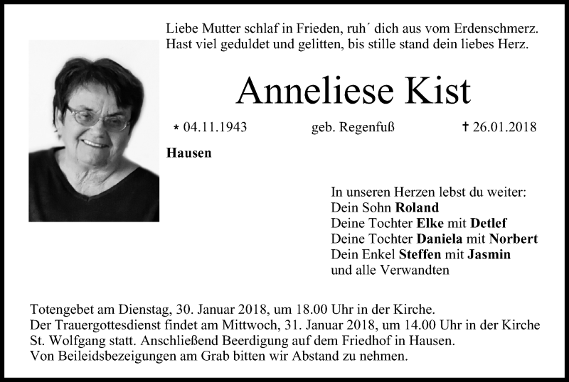  Traueranzeige für Anneliese Kist vom 27.01.2018 aus MGO