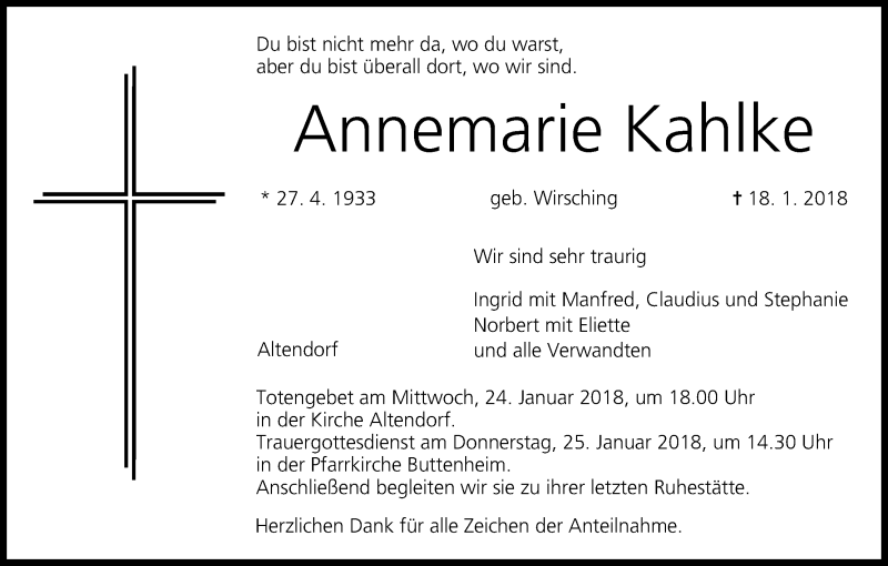  Traueranzeige für Annemarie Kahlke vom 20.01.2018 aus MGO