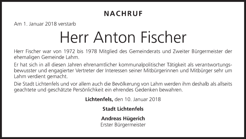  Traueranzeige für Anton Fischer vom 11.01.2018 aus MGO