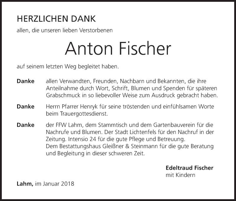  Traueranzeige für Anton Fischer vom 27.01.2018 aus MGO