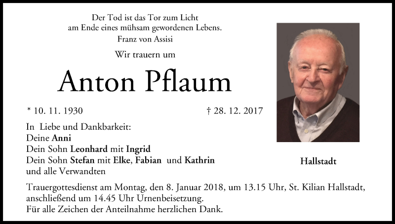  Traueranzeige für Anton Pflaum vom 05.01.2018 aus MGO