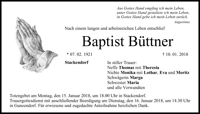  Traueranzeige für Baptist Büttner vom 13.01.2018 aus MGO