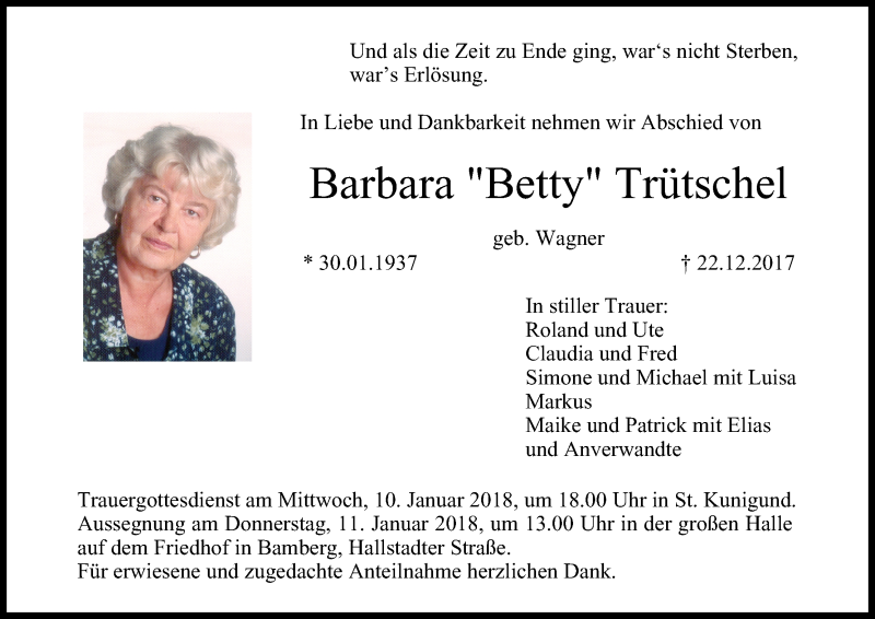  Traueranzeige für Barbara Trütschel vom 08.01.2018 aus MGO