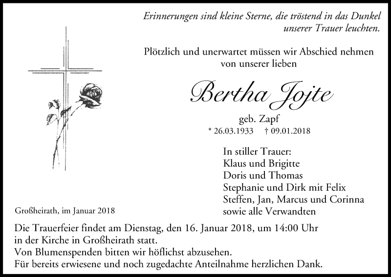  Traueranzeige für Bertha Jojte vom 13.01.2018 aus MGO