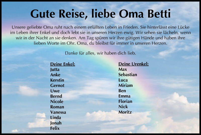  Traueranzeige für Betti  vom 23.01.2018 aus MGO