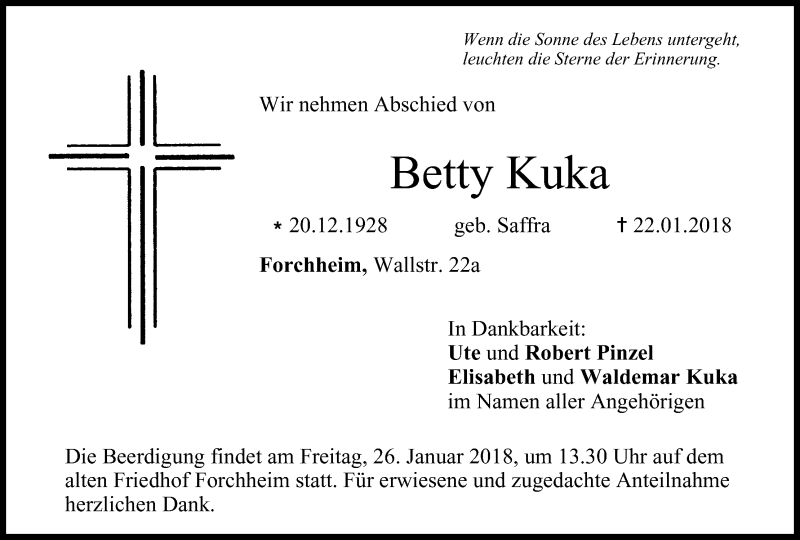  Traueranzeige für Betty Kuka vom 24.01.2018 aus MGO