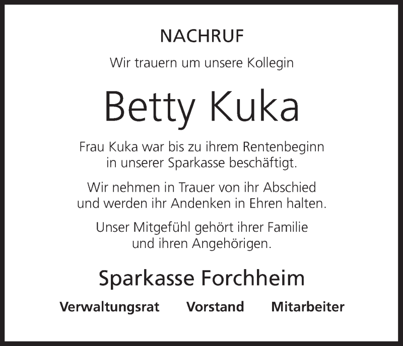  Traueranzeige für Betty Kuka vom 25.01.2018 aus MGO