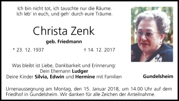 Anzeige von Christa Zenk von MGO