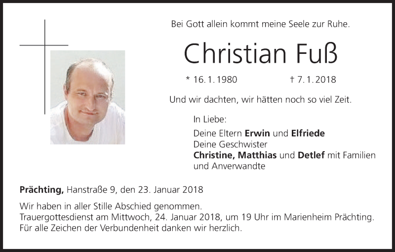  Traueranzeige für Christian Fuß vom 23.01.2018 aus MGO