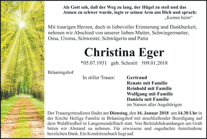  Traueranzeige für Christina Eger vom 13.01.2018 aus MGO