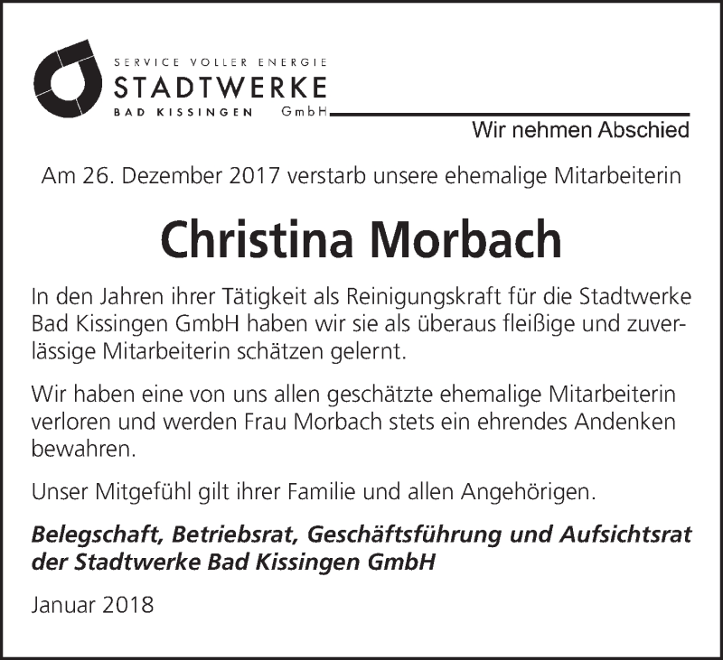  Traueranzeige für Christina Morbach vom 13.01.2018 aus MGO