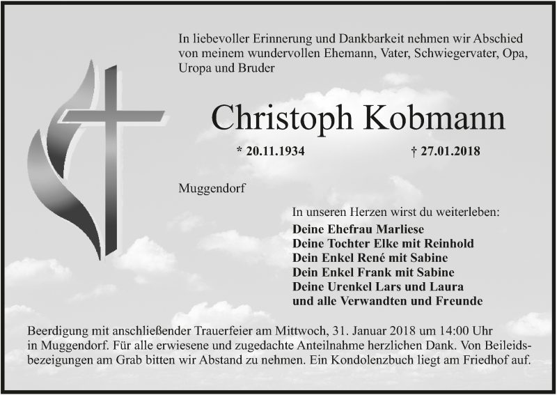  Traueranzeige für Christoph Kobmann vom 29.01.2018 aus MGO