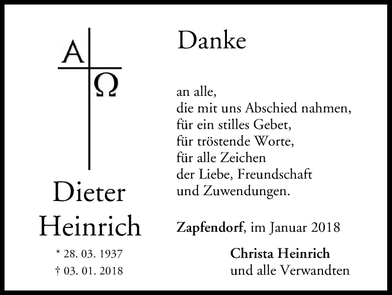  Traueranzeige für Dieter Heinrich vom 27.01.2018 aus MGO