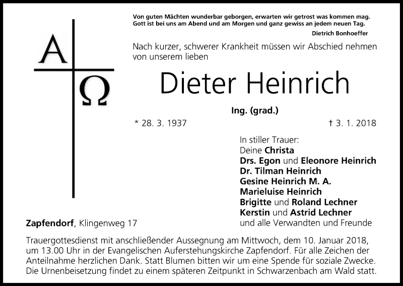  Traueranzeige für Dieter Heinrich vom 08.01.2018 aus MGO
