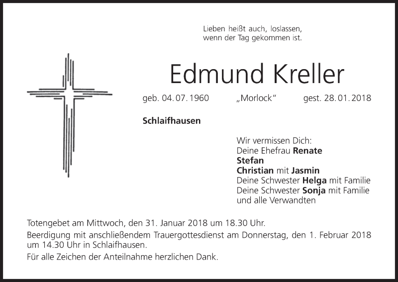  Traueranzeige für Edmund Kreller vom 30.01.2018 aus MGO
