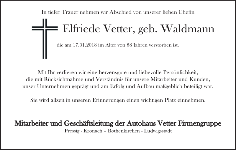  Traueranzeige für Elfriede Vetter vom 24.01.2018 aus MGO