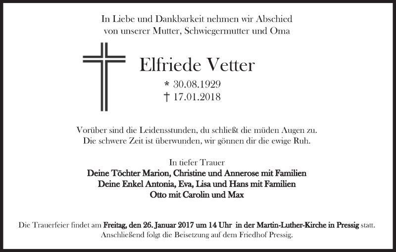  Traueranzeige für Elfriede Vetter vom 22.01.2018 aus MGO