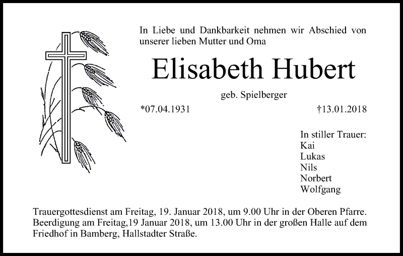  Traueranzeige für Elisabeth Hubert vom 18.01.2018 aus MGO