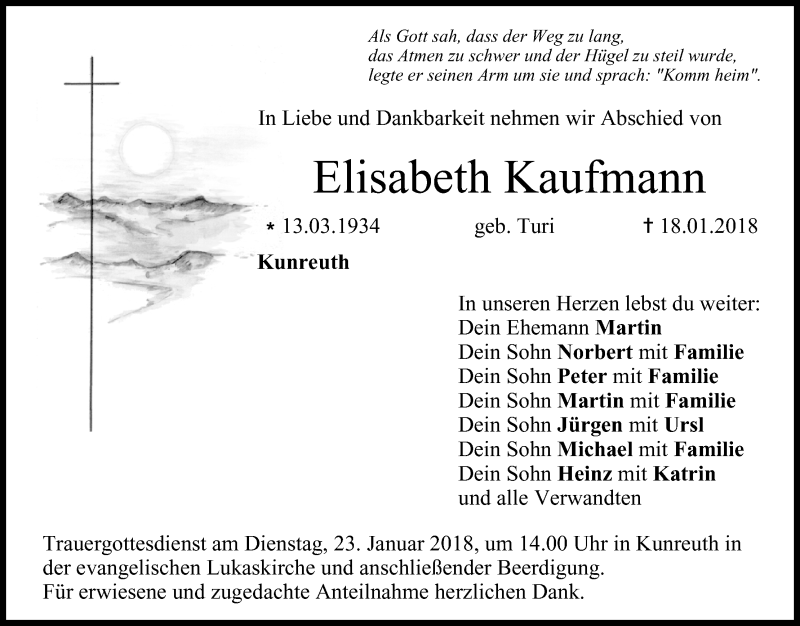  Traueranzeige für Elisabeth Kaufmann vom 20.01.2018 aus MGO
