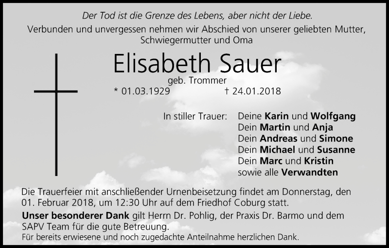 Traueranzeige für Elisabeth Sauer vom 27.01.2018 aus MGO