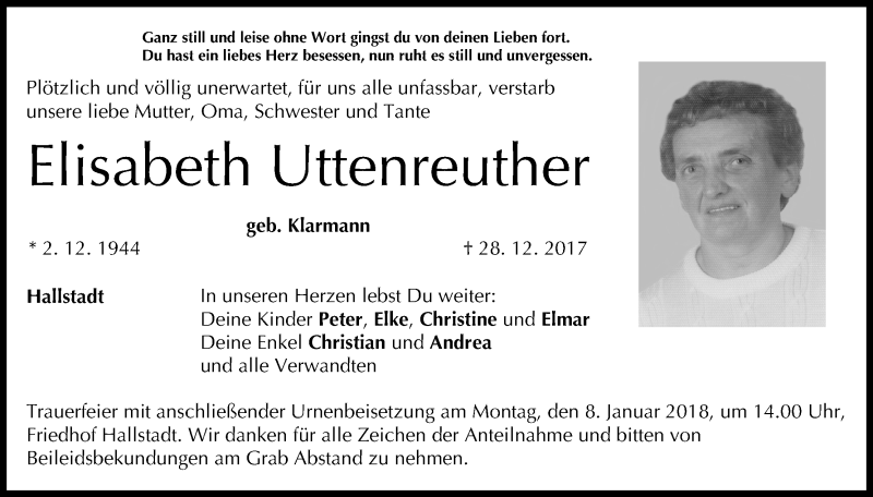  Traueranzeige für Elisabeth Uttenreuther vom 05.01.2018 aus MGO