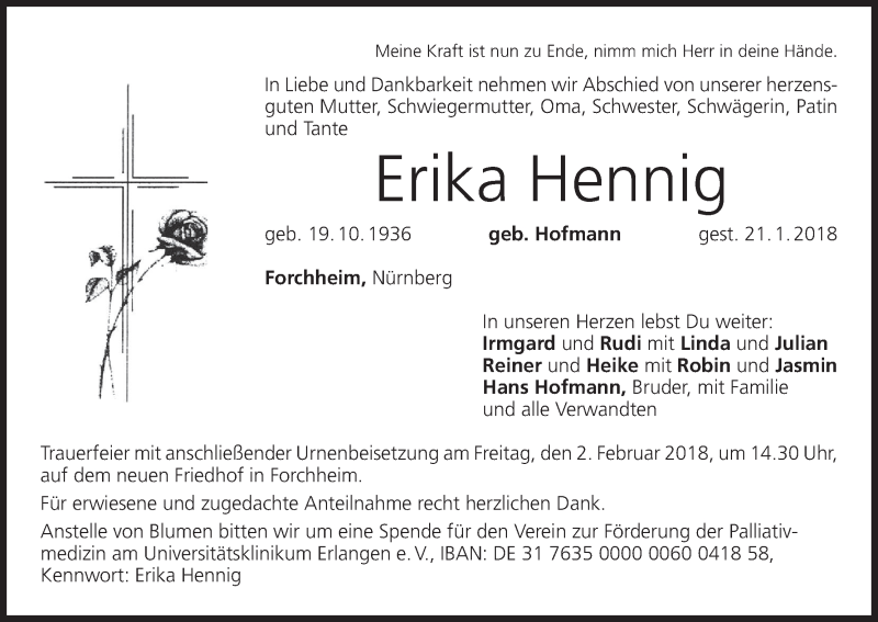  Traueranzeige für Erika Hennig vom 27.01.2018 aus MGO