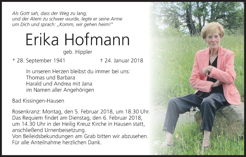  Traueranzeige für Erika Hofmann vom 27.01.2018 aus MGO