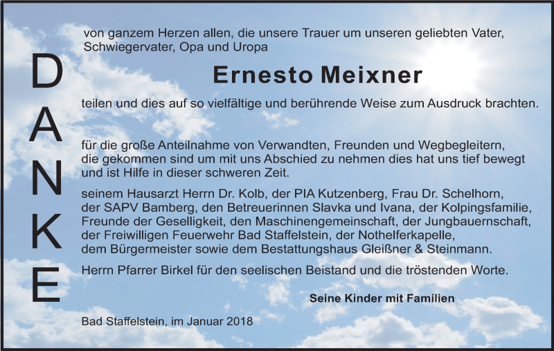  Traueranzeige für Ernesto Meixner vom 13.01.2018 aus MGO