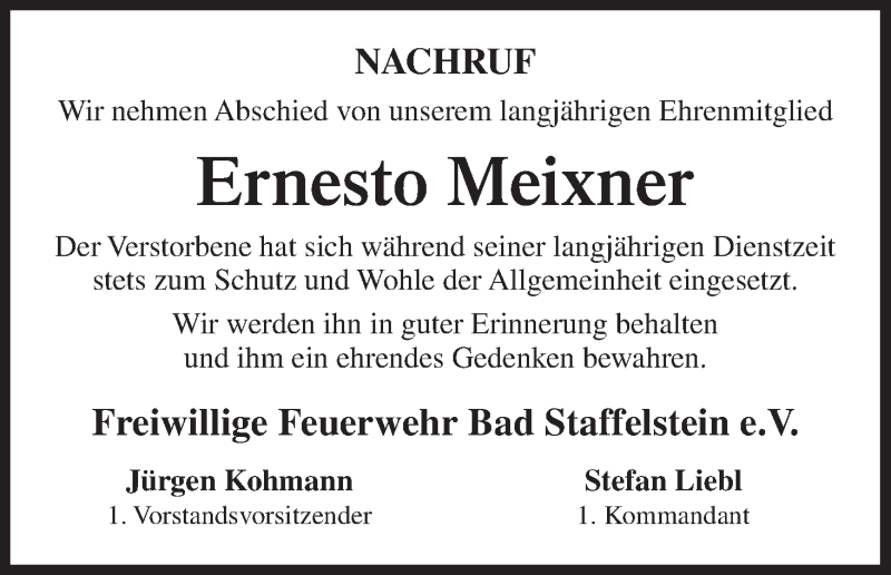  Traueranzeige für Ernesto Meixner vom 04.01.2018 aus MGO
