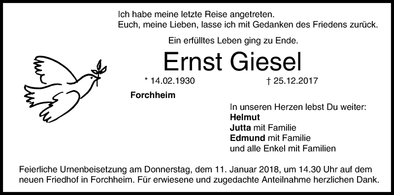  Traueranzeige für Ernst Giesel vom 05.01.2018 aus MGO