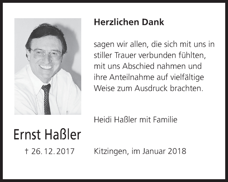  Traueranzeige für Ernst Haßler vom 20.01.2018 aus MGO