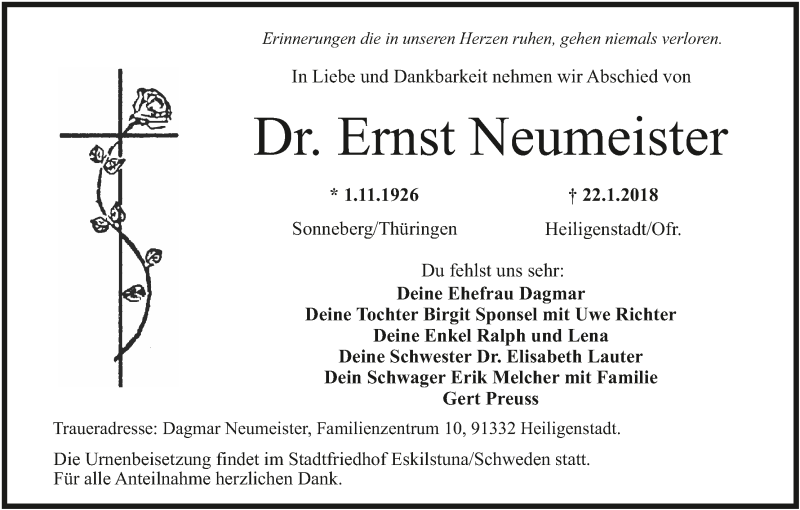  Traueranzeige für Ernst Neumeister vom 23.01.2018 aus MGO