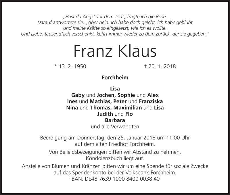  Traueranzeige für Franz Klaus vom 23.01.2018 aus MGO