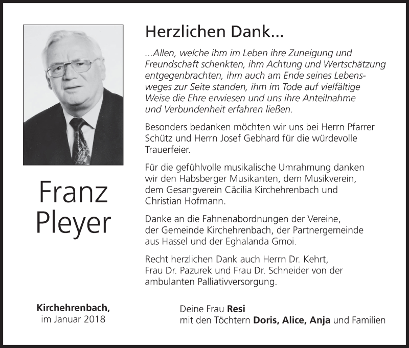  Traueranzeige für Franz Pleyer vom 04.01.2018 aus MGO