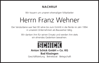 Anzeige von Franz Wehner von MGO