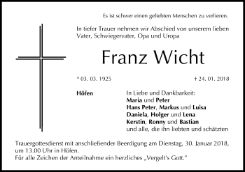 Anzeige von Franz Wicht von MGO