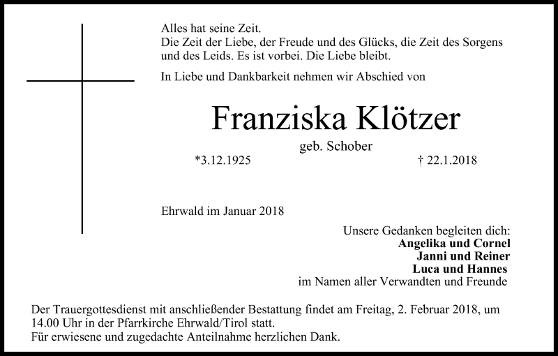  Traueranzeige für Franziska Klötzer vom 27.01.2018 aus MGO
