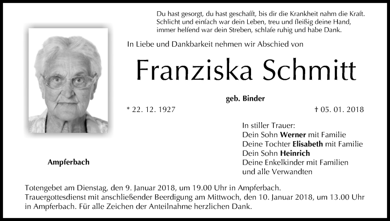  Traueranzeige für Franziska Schmitt vom 08.01.2018 aus MGO