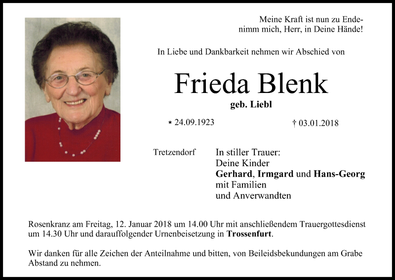  Traueranzeige für Frieda Blenk vom 10.01.2018 aus MGO