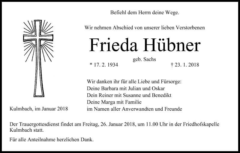  Traueranzeige für Frieda Hübner vom 24.01.2018 aus MGO