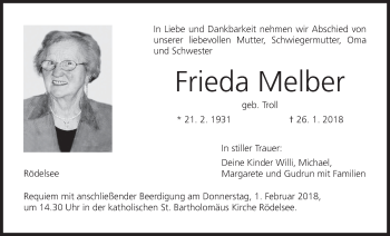 Anzeige von Frieda Melber von MGO