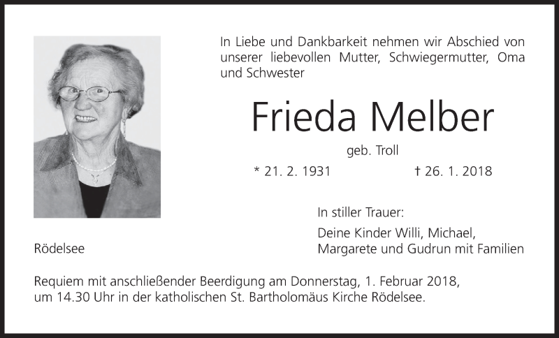  Traueranzeige für Frieda Melber vom 30.01.2018 aus MGO